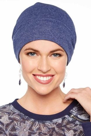 Woman in cute blue chemo beanie cap